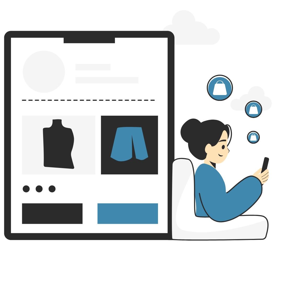 "Illustration of a professional ecommerce website development interface featuring a user browsing products on a mobile device.