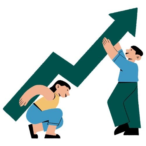 Illustration representing sales growth through strategic ecommerce website development showing two people lifting a rising arrow.
