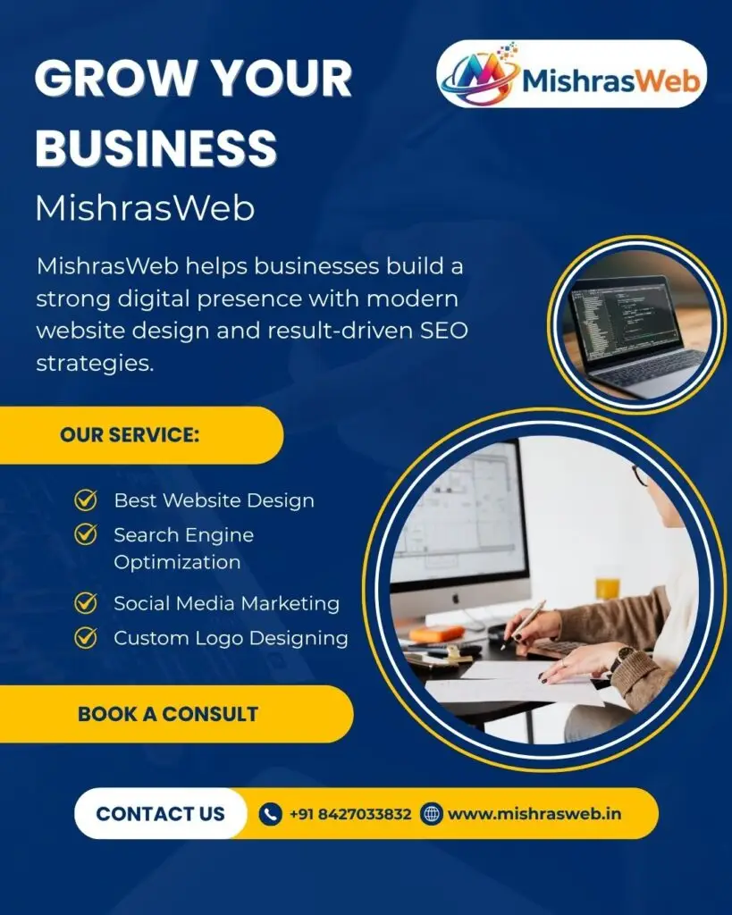 Digital marketing agency promotional poster by MishrasWeb showing SEO services, website design, social media marketing, and business growth solutions.