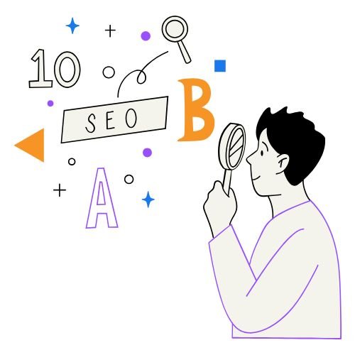 SEO-friendly website design illustration showing search optimization, ranking factors, and digital marketing elements