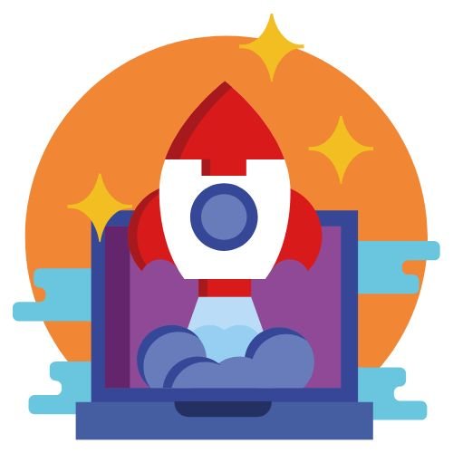Rocket launching from laptop representing SEO website audit and keyword research strategy.