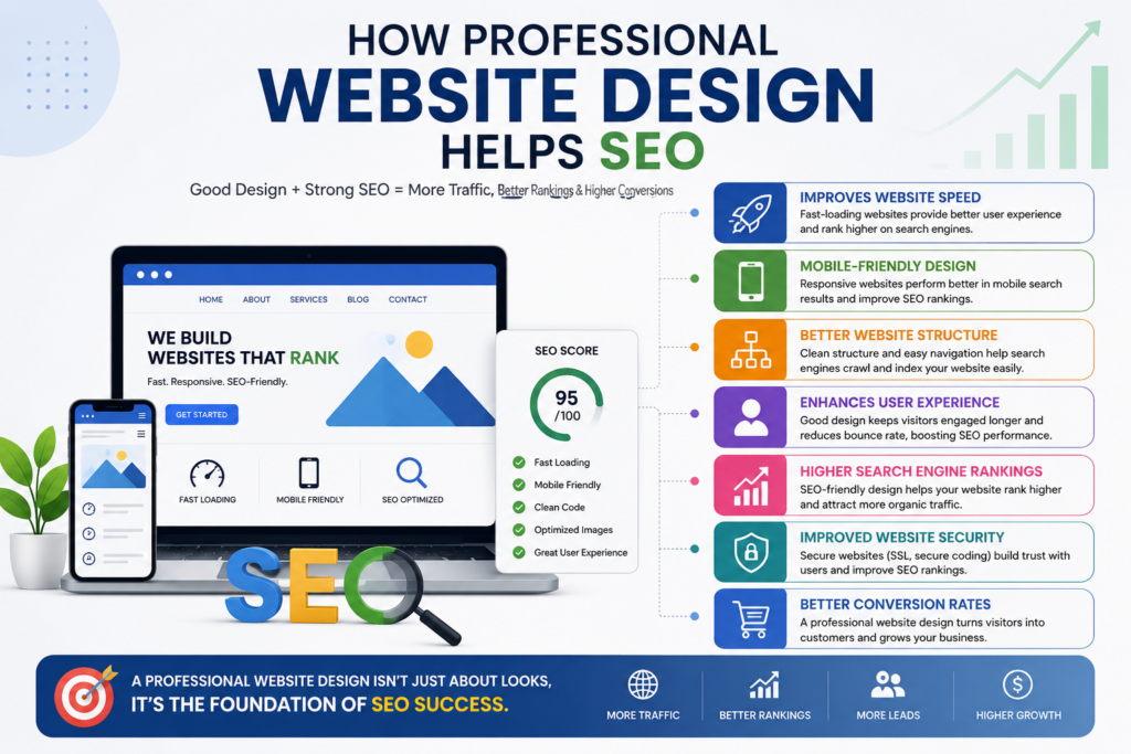 How Professional Website Design Helps SEO infographic showing website speed, mobile-friendly design, SEO optimization, user experience, website security, and higher search engine rankings.