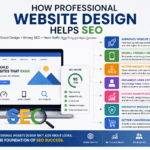 How Professional Website Design Helps SEO infographic showing website speed, mobile-friendly design, SEO optimization, user experience, website security, and higher search engine rankings.
