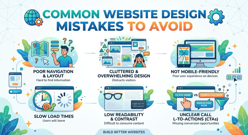 Common website design mistakes to avoid including poor navigation, cluttered layouts, slow loading speed, low readability, unclear CTAs, and non-mobile-friendly design.