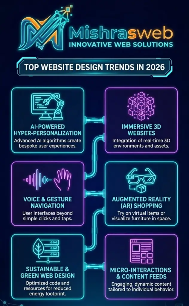 Infographic showing top website design trends in 2026 including AI-powered personalization, immersive 3D websites, AR shopping, and sustainable web design.