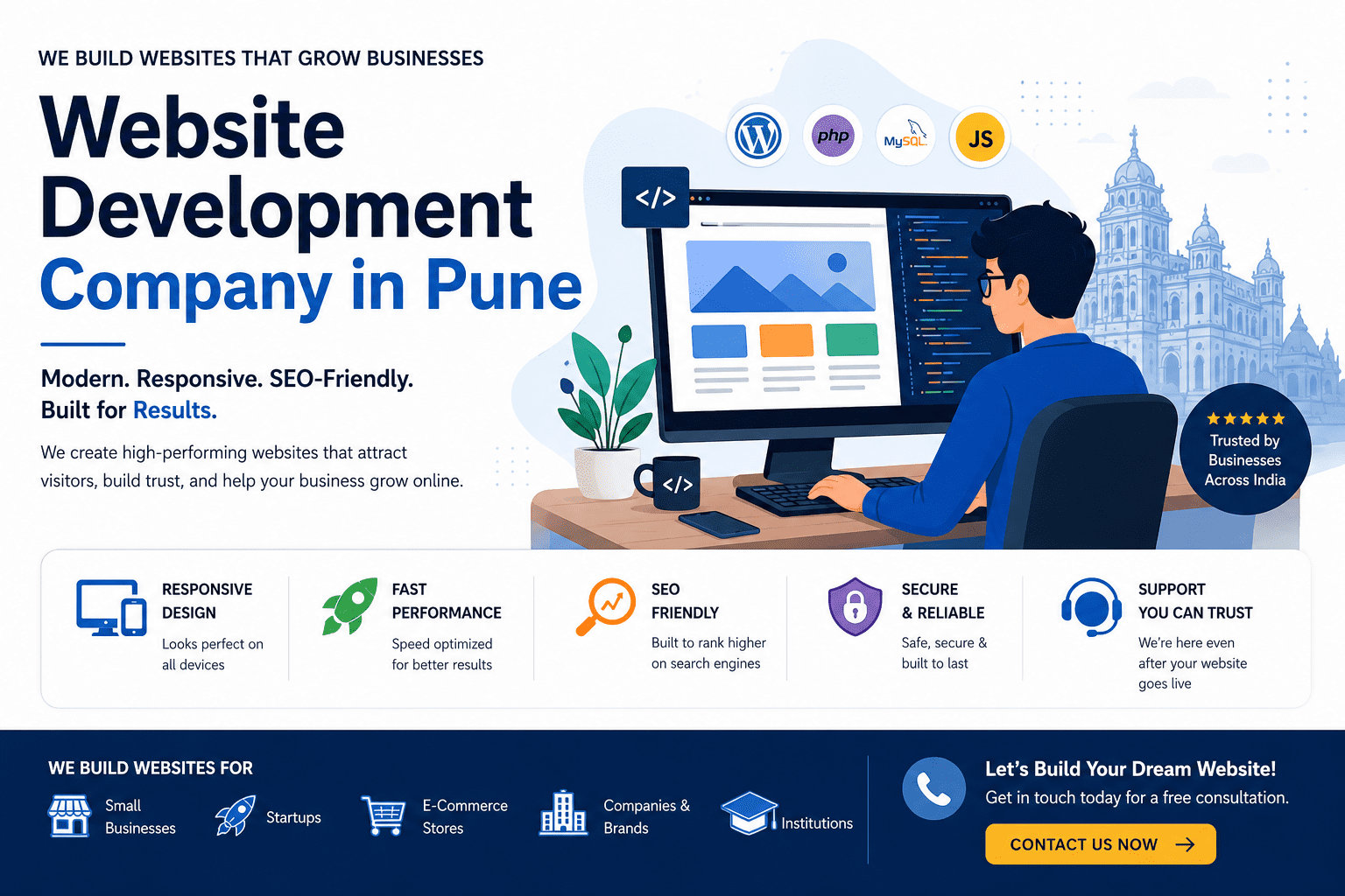 website development company in Pune banner showing responsive, SEO-friendly, and professional website development services