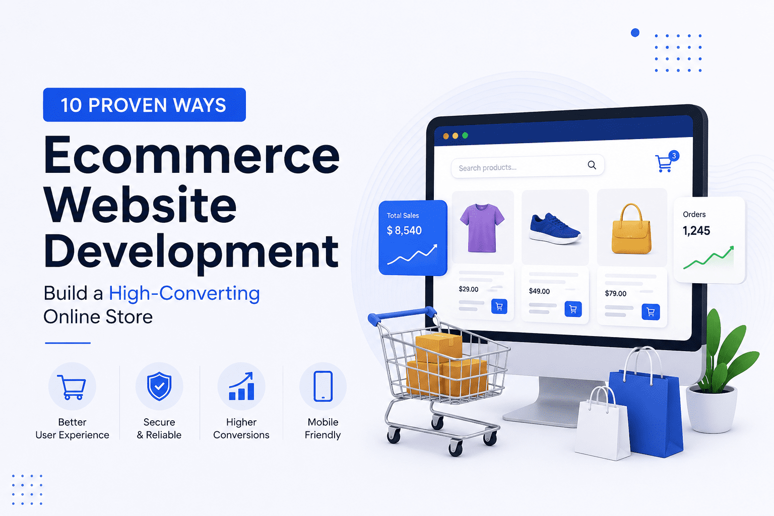 ecommerce website development guide banner showing a high-converting online store with secure checkout, mobile-friendly design, and better sales