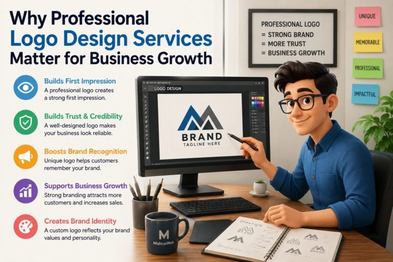 Professional logo design services by MishrasWeb showing a designer creating a custom business logo to build brand identity, customer trust, and business growth.